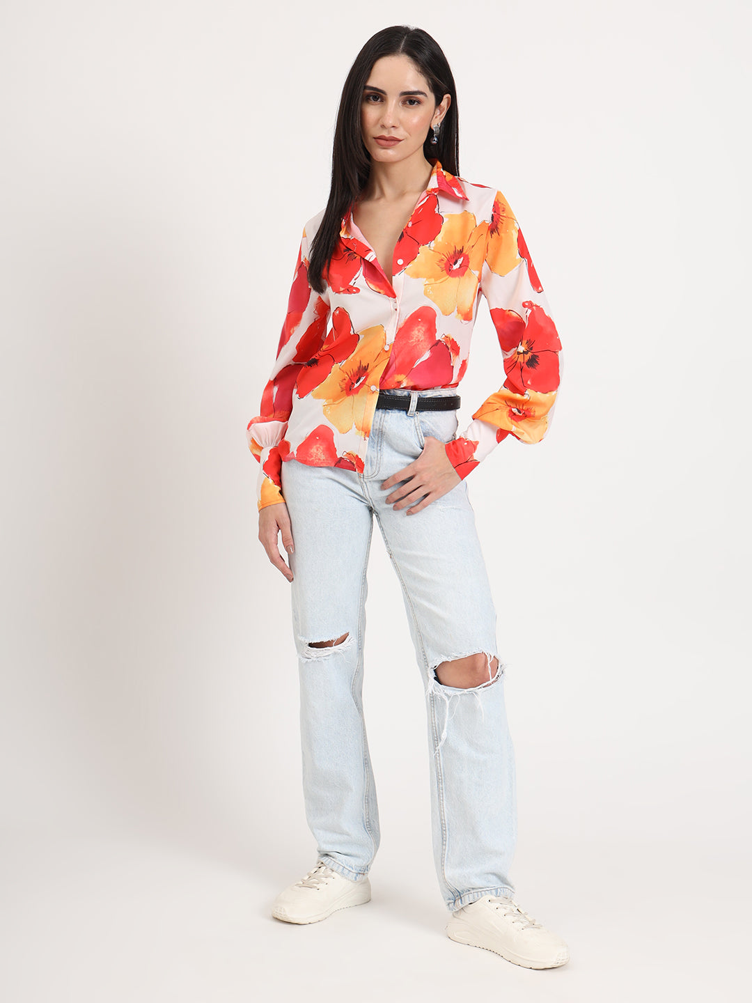 Women'S Premium American Crepe Multicolour Regular Length Straight Hem Digital Print Shirt