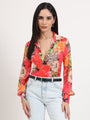 Women'S Luxury Satin Multicolour Regular Length Straight Hem Digital Print Shirt