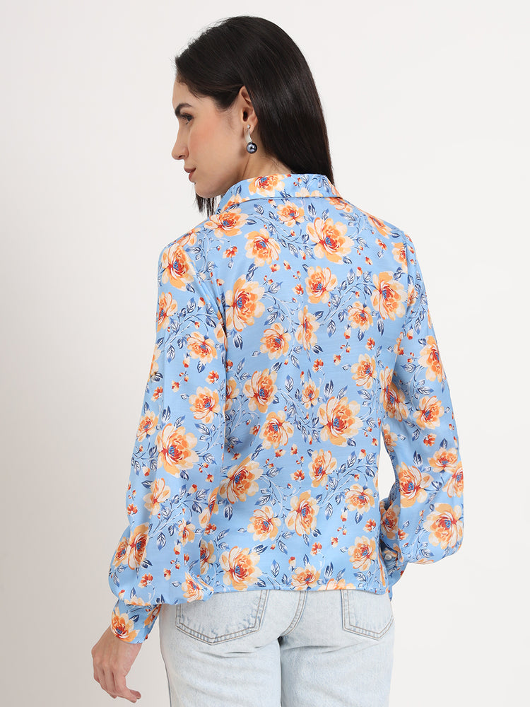 Women'S Luxury Linen Satin Multicolour Regular Length Straight Hem Digital Print Shirt