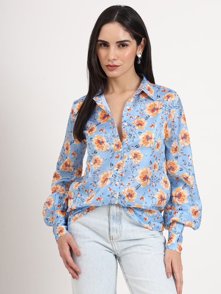 Women'S Luxury Linen Satin Multicolour Regular Length Straight Hem Digital Print Shirt