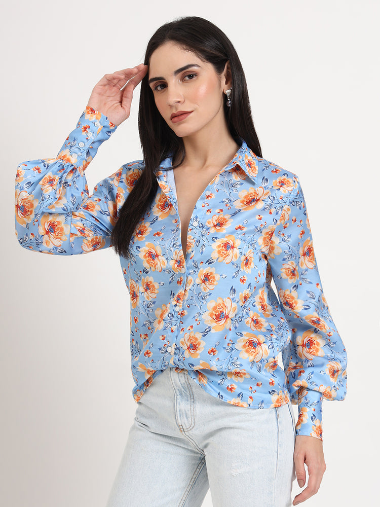 Women'S Luxury Linen Satin Multicolour Regular Length Straight Hem Digital Print Shirt