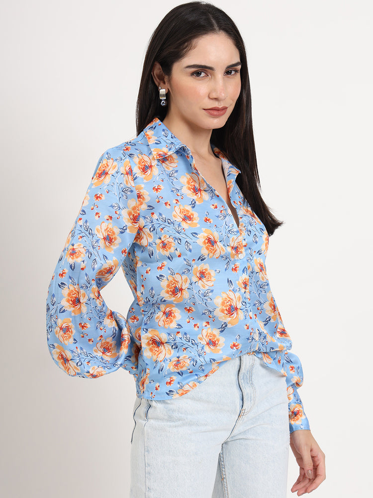 Women'S Luxury Linen Satin Multicolour Regular Length Straight Hem Digital Print Shirt