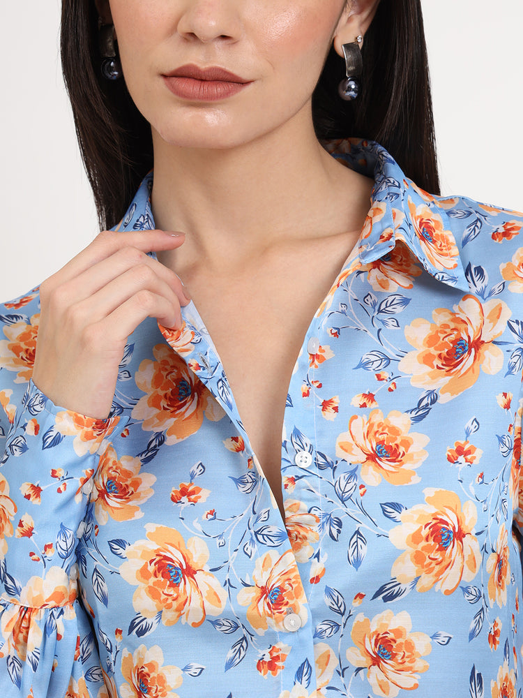 Women'S Luxury Linen Satin Multicolour Regular Length Straight Hem Digital Print Shirt