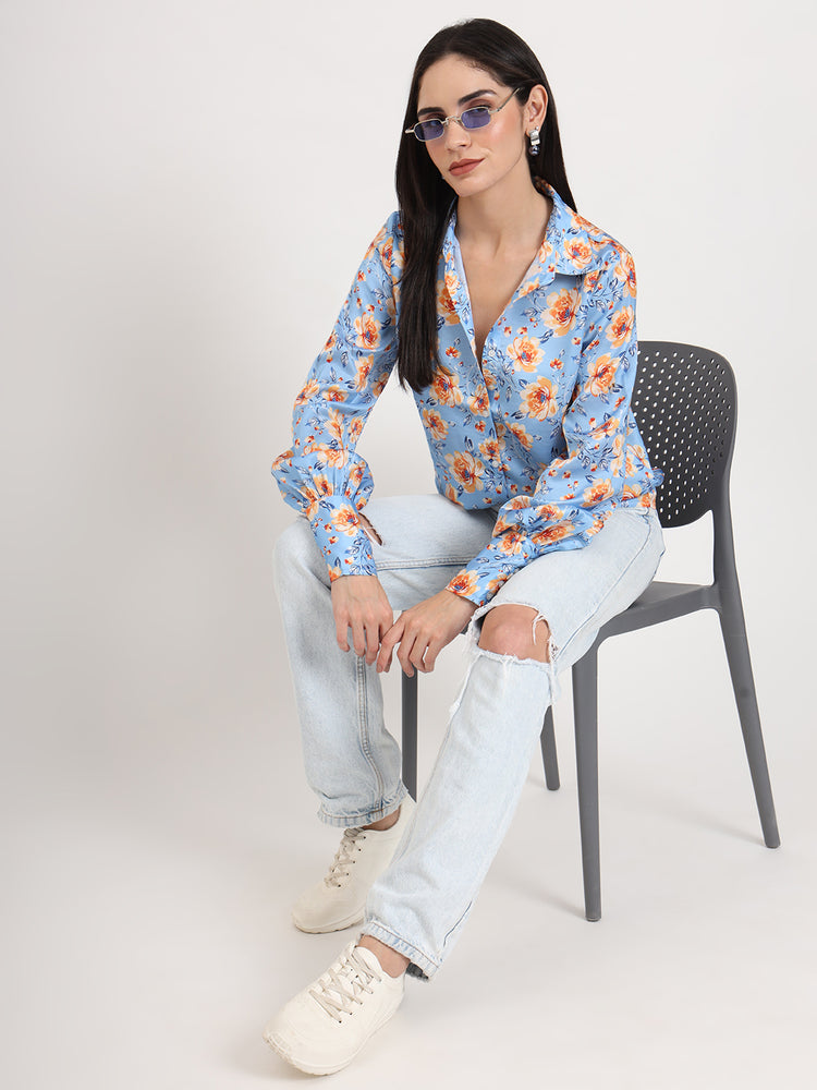 Women'S Luxury Linen Satin Multicolour Regular Length Straight Hem Digital Print Shirt