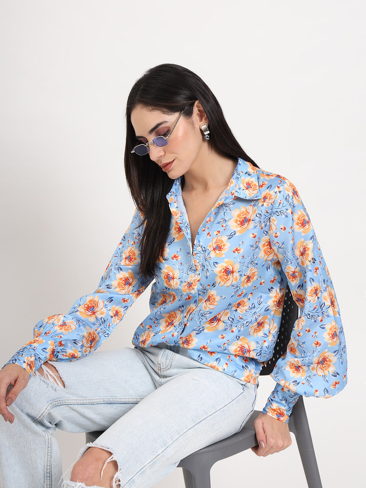 Women'S Luxury Linen Satin Multicolour Regular Length Straight Hem Digital Print Shirt