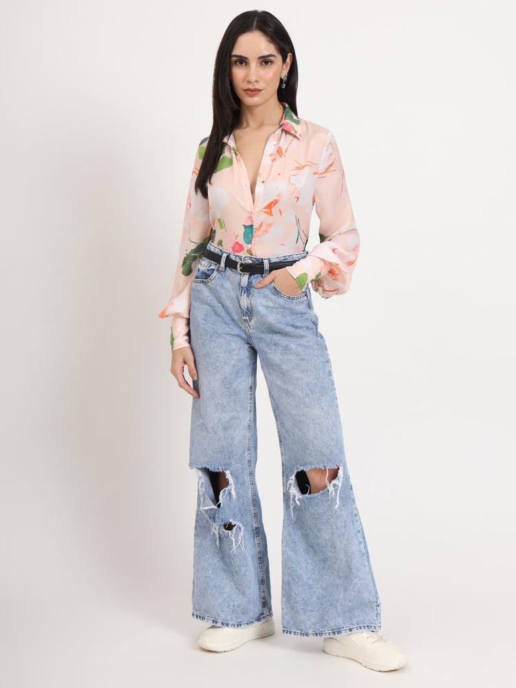 Women'S Luxury Satin Multicolour Regular Length Straight Hem Digital Print Shirt