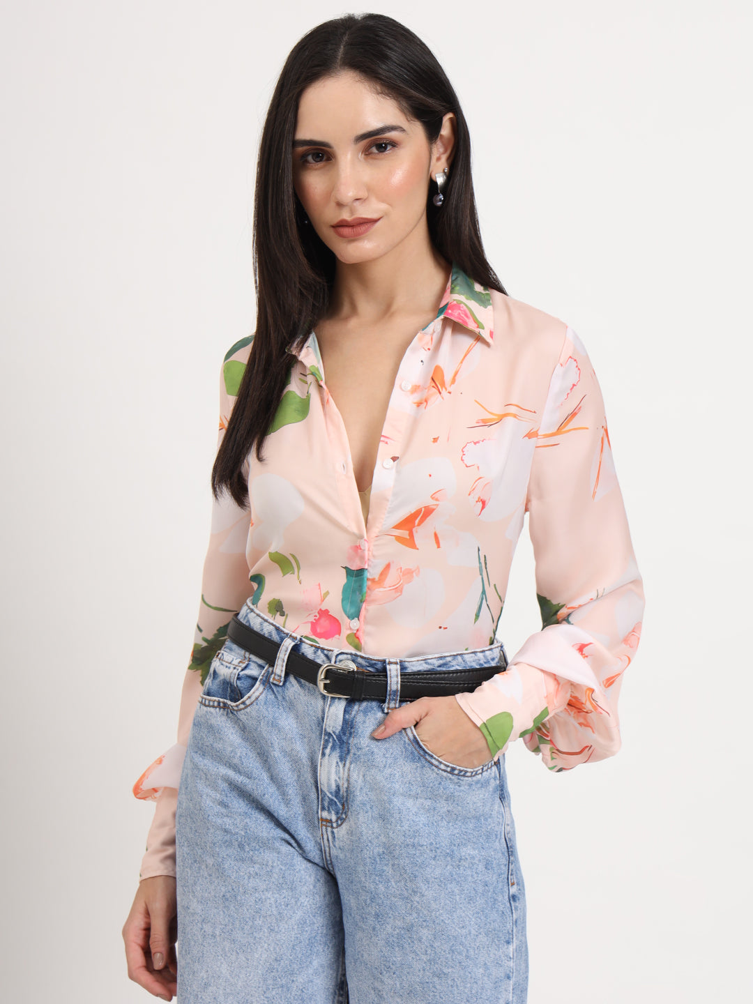 Women'S Luxury Satin Multicolour Regular Length Straight Hem Digital Print Shirt