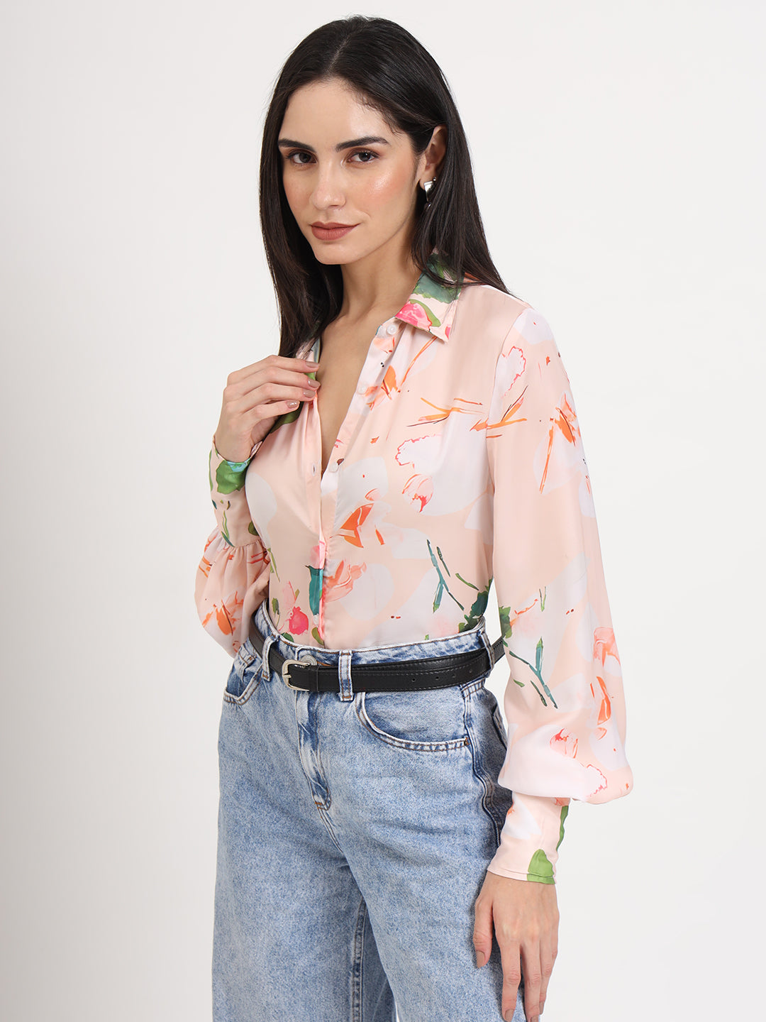 Women'S Luxury Satin Multicolour Regular Length Straight Hem Digital Print Shirt