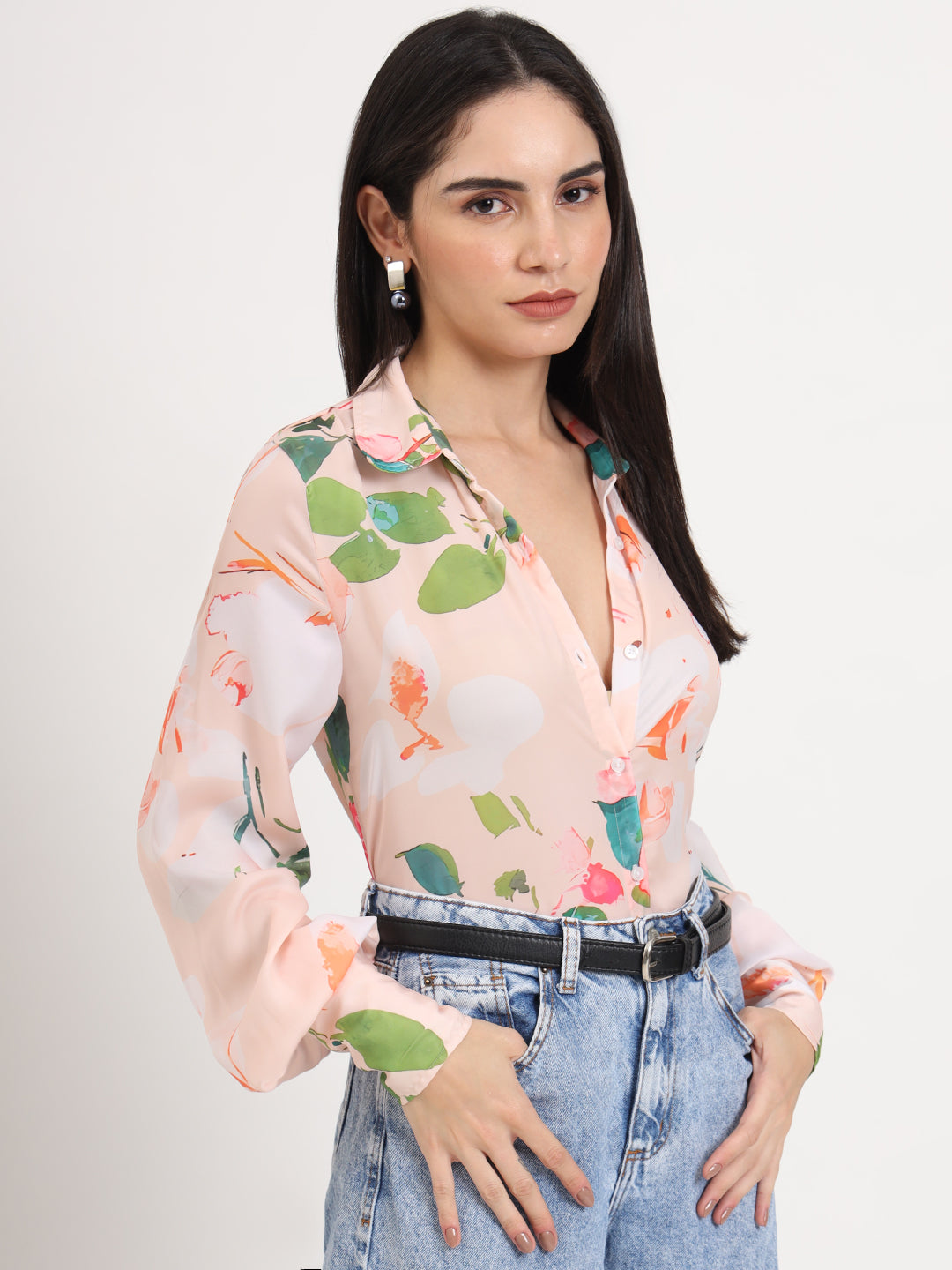Women'S Luxury Satin Multicolour Regular Length Straight Hem Digital Print Shirt