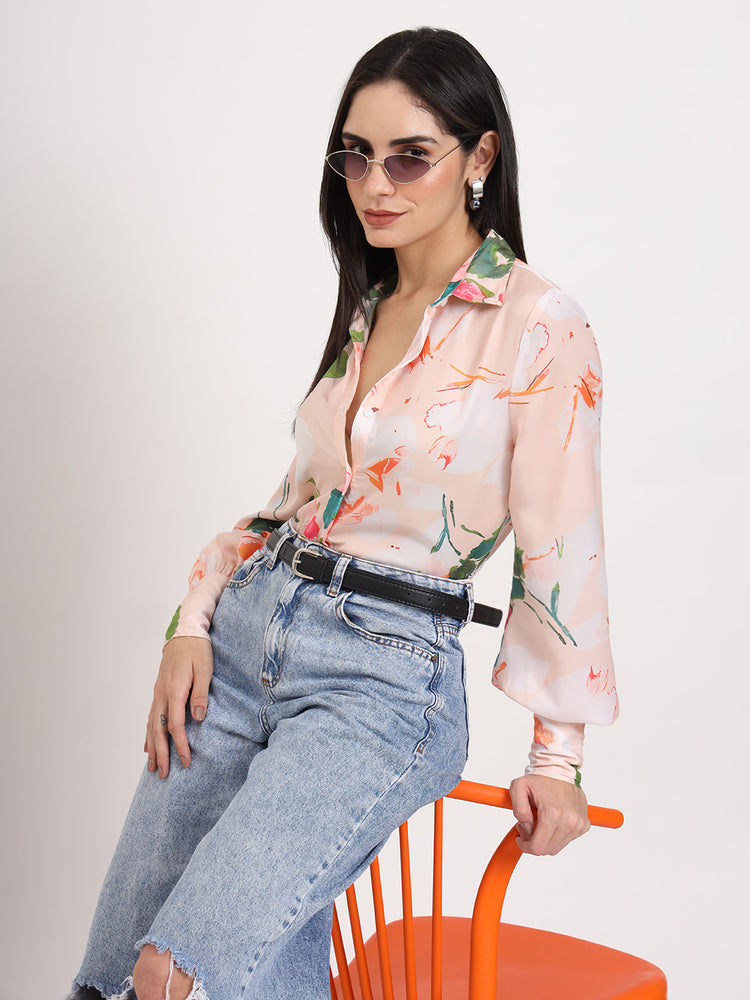 Women'S Luxury Satin Multicolour Regular Length Straight Hem Digital Print Shirt