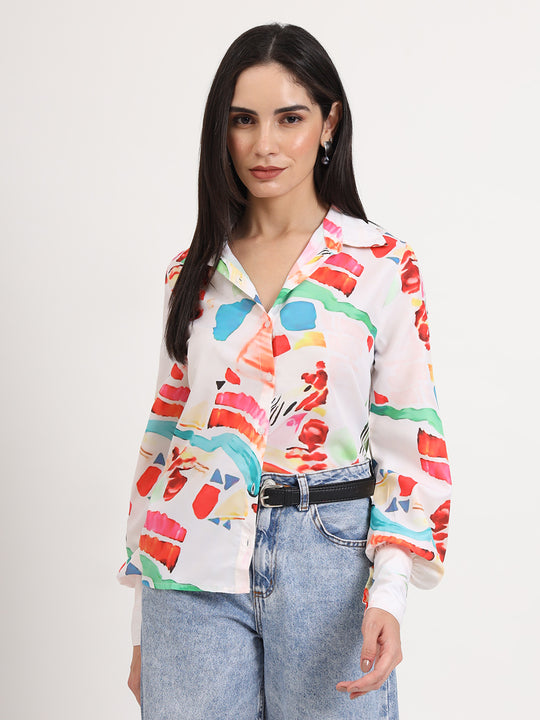 Women'S Premium Micro Multicolour Regular Length Straight Hem Digital Print Shirt