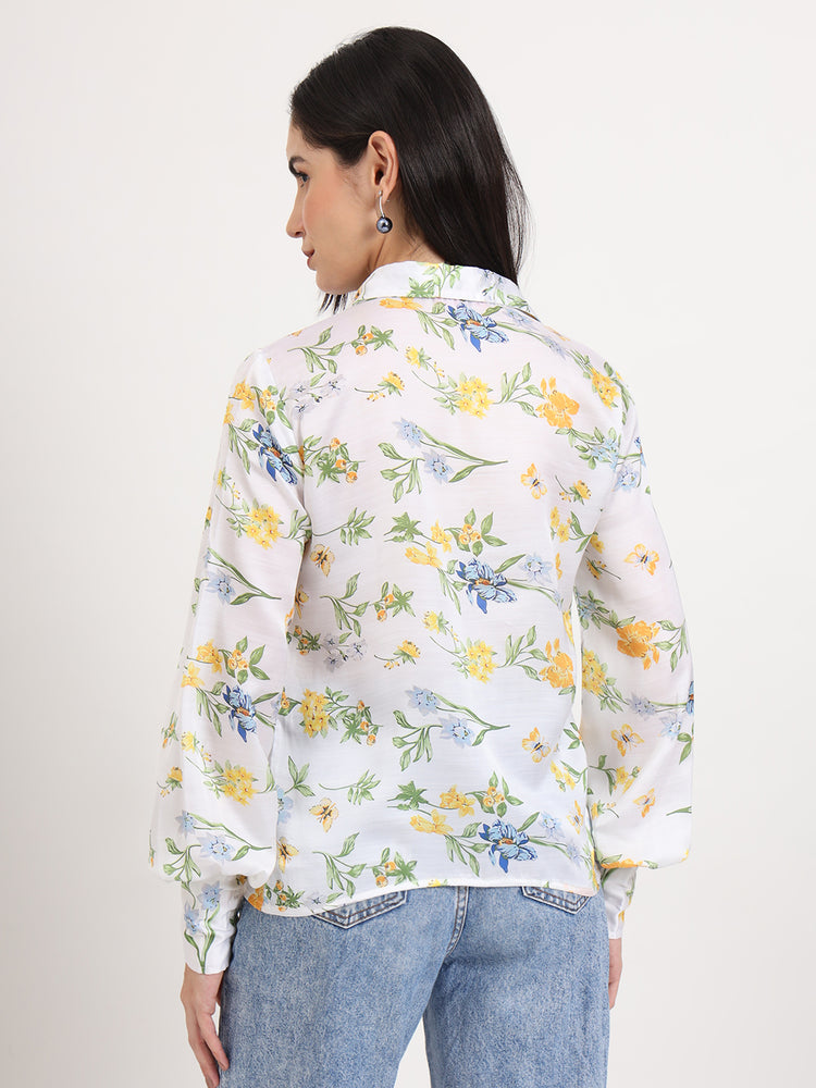 Women'S Luxury Linen Satin Multicolour Regular Length Straight Hem Digital Print Shirt