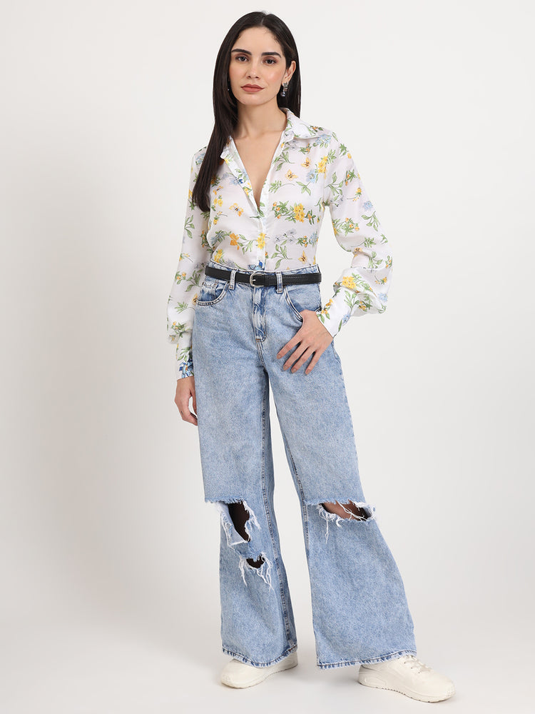 Women'S Luxury Linen Satin Multicolour Regular Length Straight Hem Digital Print Shirt