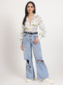 Women'S Luxury Linen Satin Multicolour Regular Length Straight Hem Digital Print Shirt