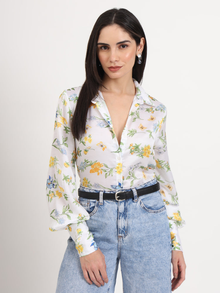 Women'S Luxury Linen Satin Multicolour Regular Length Straight Hem Digital Print Shirt