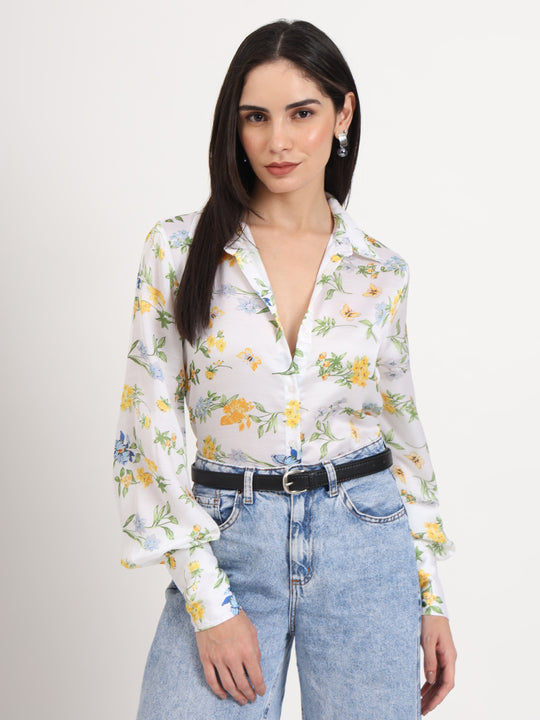 Women'S Luxury Linen Satin Multicolour Regular Length Straight Hem Digital Print Shirt