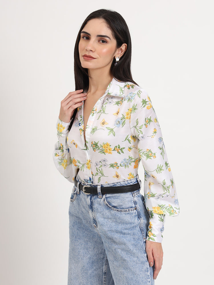 Women'S Luxury Linen Satin Multicolour Regular Length Straight Hem Digital Print Shirt