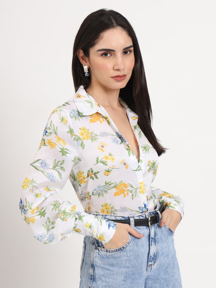 Women'S Luxury Linen Satin Multicolour Regular Length Straight Hem Digital Print Shirt