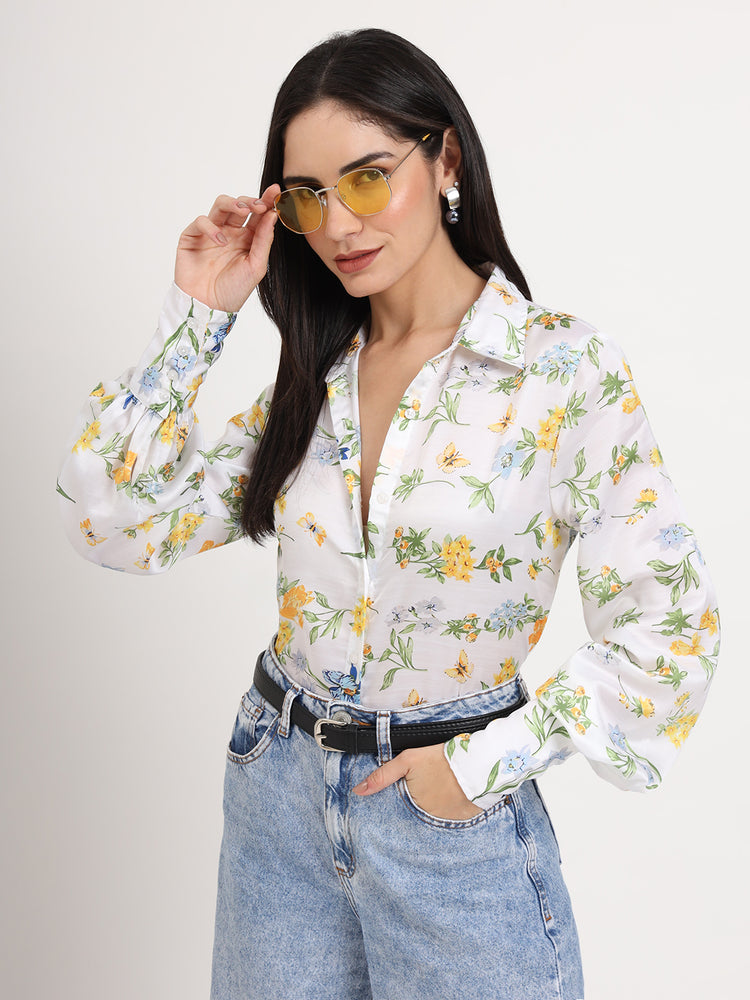 Women'S Luxury Linen Satin Multicolour Regular Length Straight Hem Digital Print Shirt