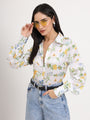 Women'S Luxury Linen Satin Multicolour Regular Length Straight Hem Digital Print Shirt