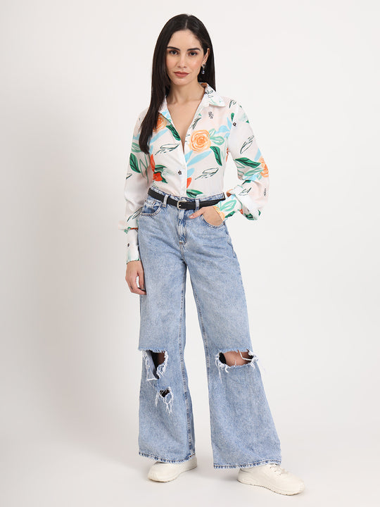 Women'S Premium Micro Multicolour Regular Length Straight Hem Digital Print Shirt
