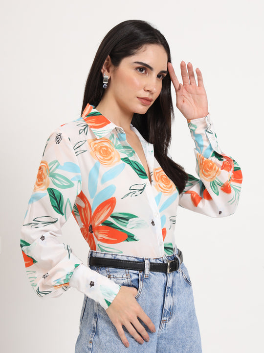 Women'S Premium Micro Multicolour Regular Length Straight Hem Digital Print Shirt
