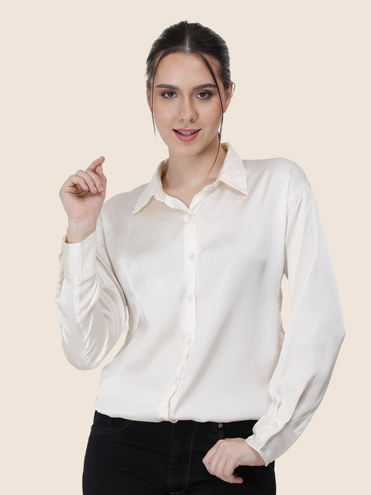 Women'S Premium Vanilla Regular Fit Solid Satin Shirt