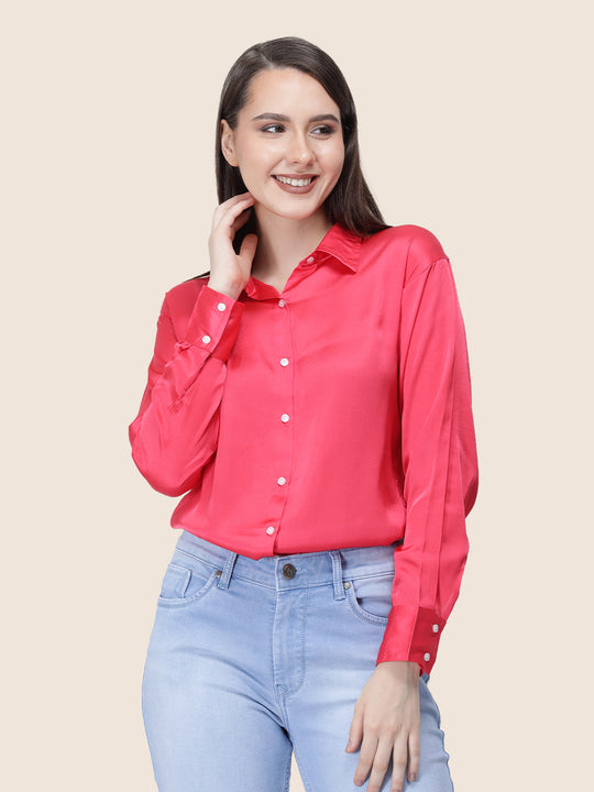 Women'S Premium Ruby Pink Regular Fit Solid Satin Shirt