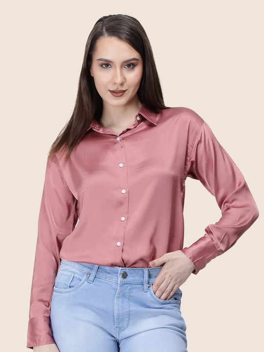 Women'S Premium Rose Pink Regular Fit Solid Satin Shirt