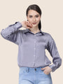 Women'S Premium Bluish Grey Regular Fit Solid Satin Shirt