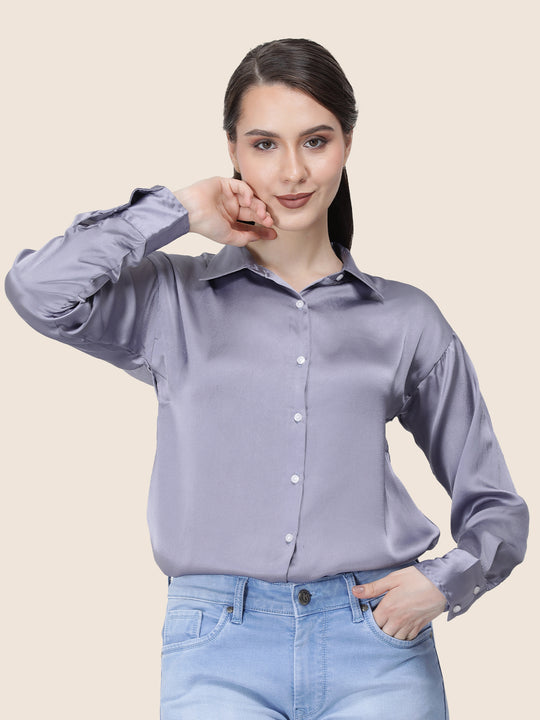 Women'S Premium Bluish Grey Regular Fit Solid Satin Shirt