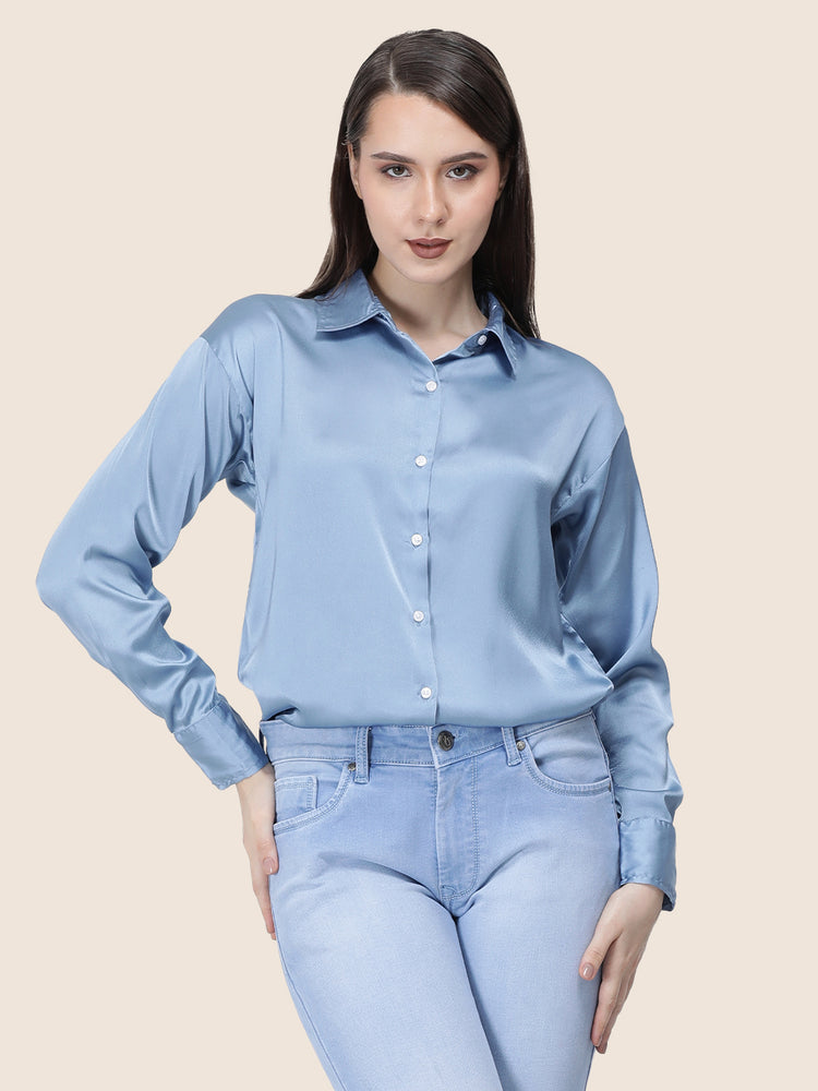 Women'S Premium Steel Blue Regular Fit Solid Satin Shirt