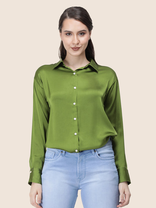 Women'S Premium Olive Regular Fit Solid Satin Shirt