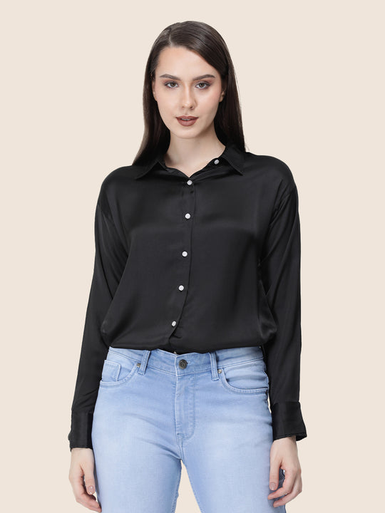 Women'S Premium Black Regular Fit Solid Satin Shirt