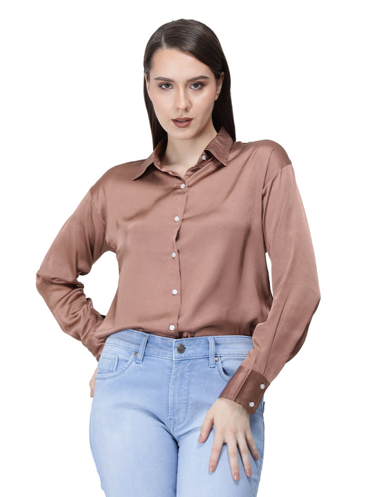 Women'S Premium Brown Sugar Regular Fit Solid Satin Shirt