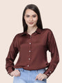 Women'S Premium Chocolate Brown Regular Fit Solid Satin Shirt