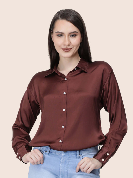 Women'S Premium Chocolate Brown Regular Fit Solid Satin Shirt