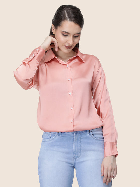 Women'S Premium Peachy Pink Regular Fit Solid Satin Shirt