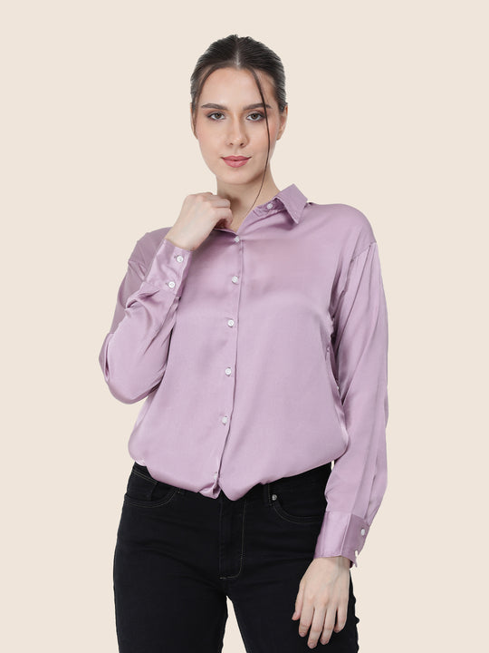 Women'S Premium Lilac Regular Fit Solid Satin Shirt