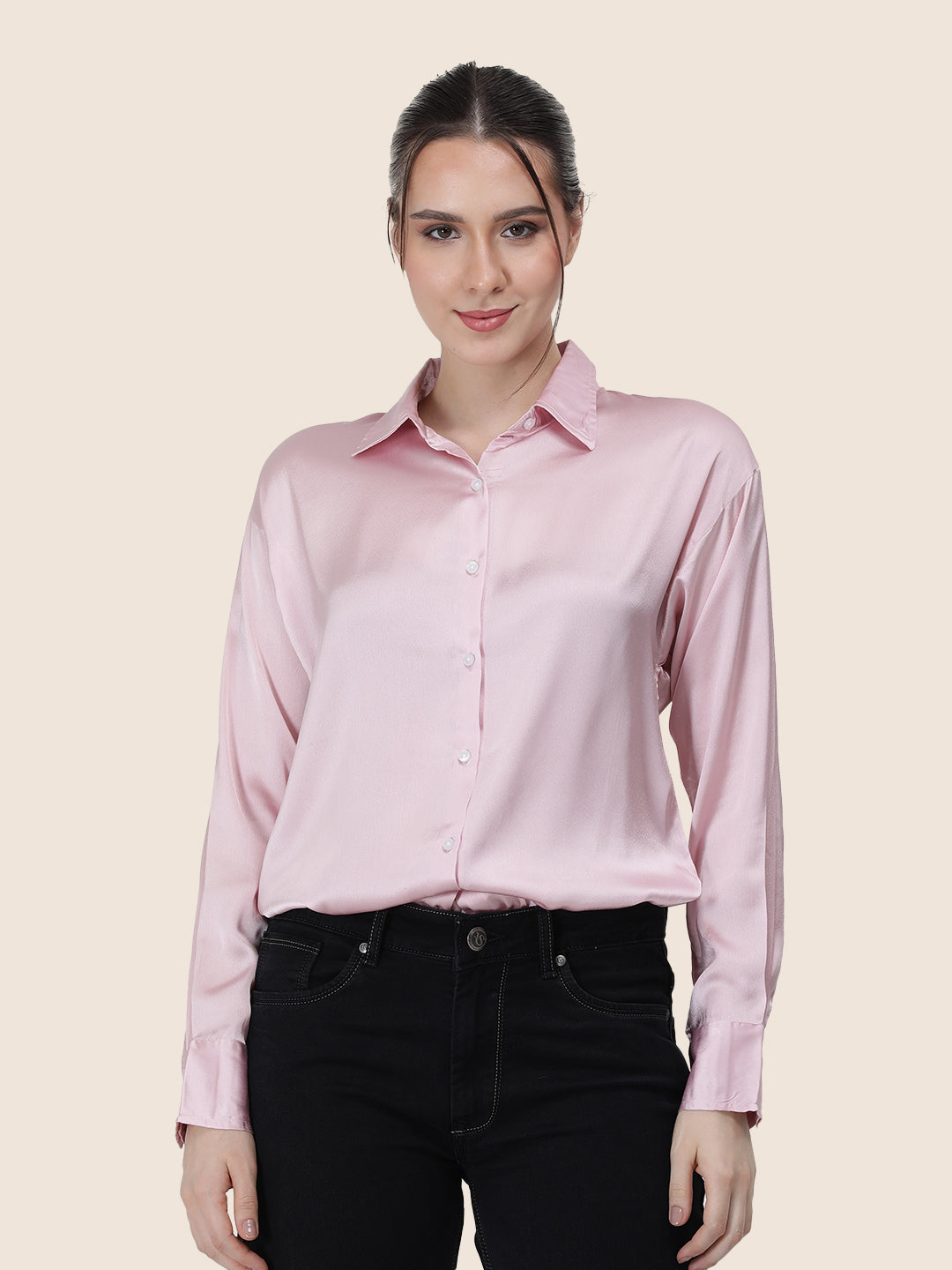 Women'S Premium Light Pink Regular Fit Solid Satin Shirt