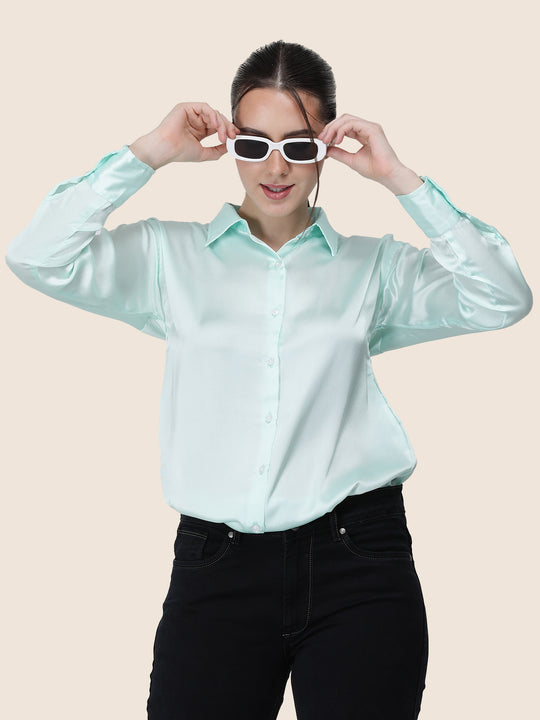 Women'S Premium Ice Green Regular Fit Solid Satin Shirt