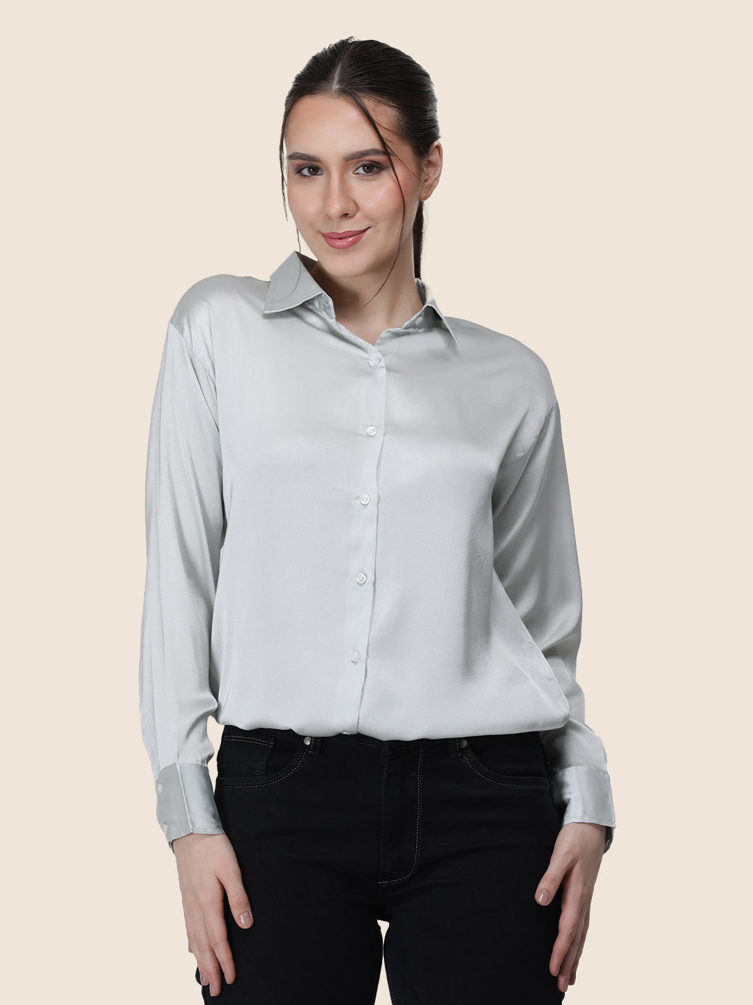 Women'S Premium Steel Grey Regular Fit Solid Satin Shirt