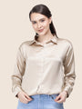 Women'S Premium Tan Brown Regular Fit Solid Satin Shirt