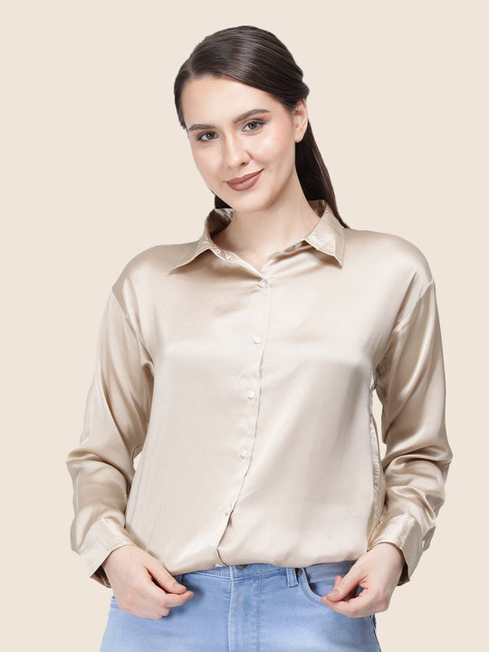 Women'S Premium Tan Brown Regular Fit Solid Satin Shirt