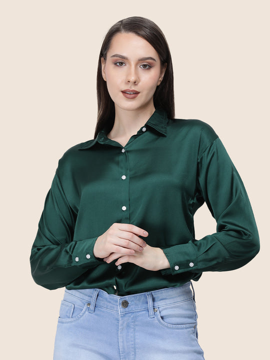Women'S Premium Emerald Green Regular Fit Solid Satin Shirt