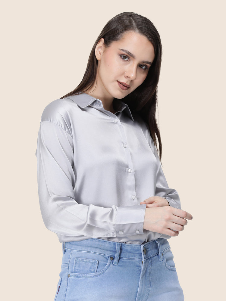 Women'S Premium Grey Regular Fit Solid Satin Shirt