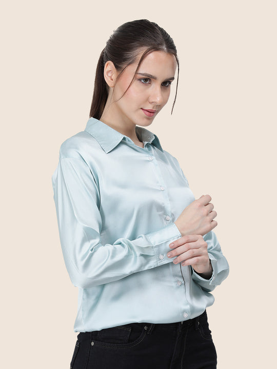 Women'S Premium Light Cyan Regular Fit Solid Satin Shirt