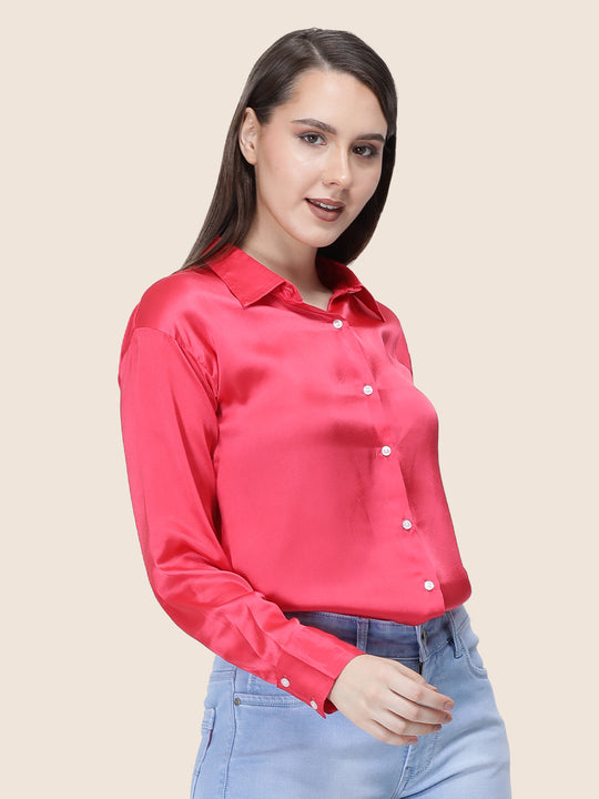 Women'S Premium Ruby Pink Regular Fit Solid Satin Shirt