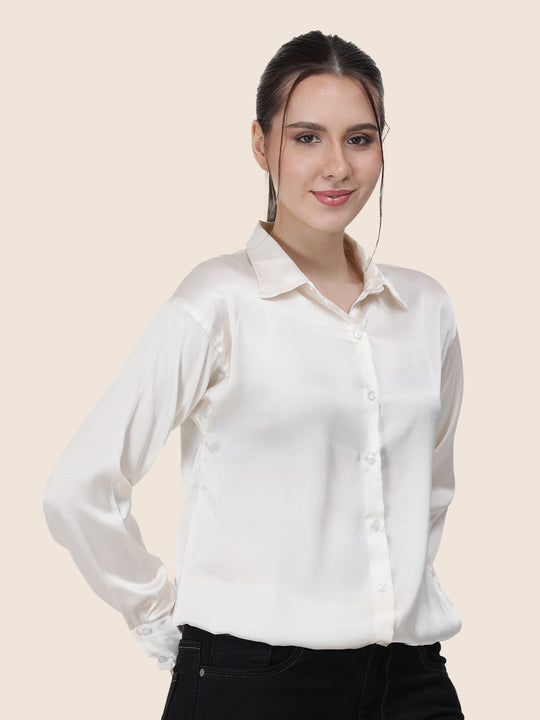 Women'S Premium Vanilla Regular Fit Solid Satin Shirt