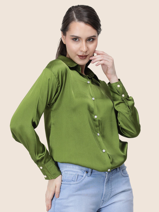 Women'S Premium Olive Regular Fit Solid Satin Shirt